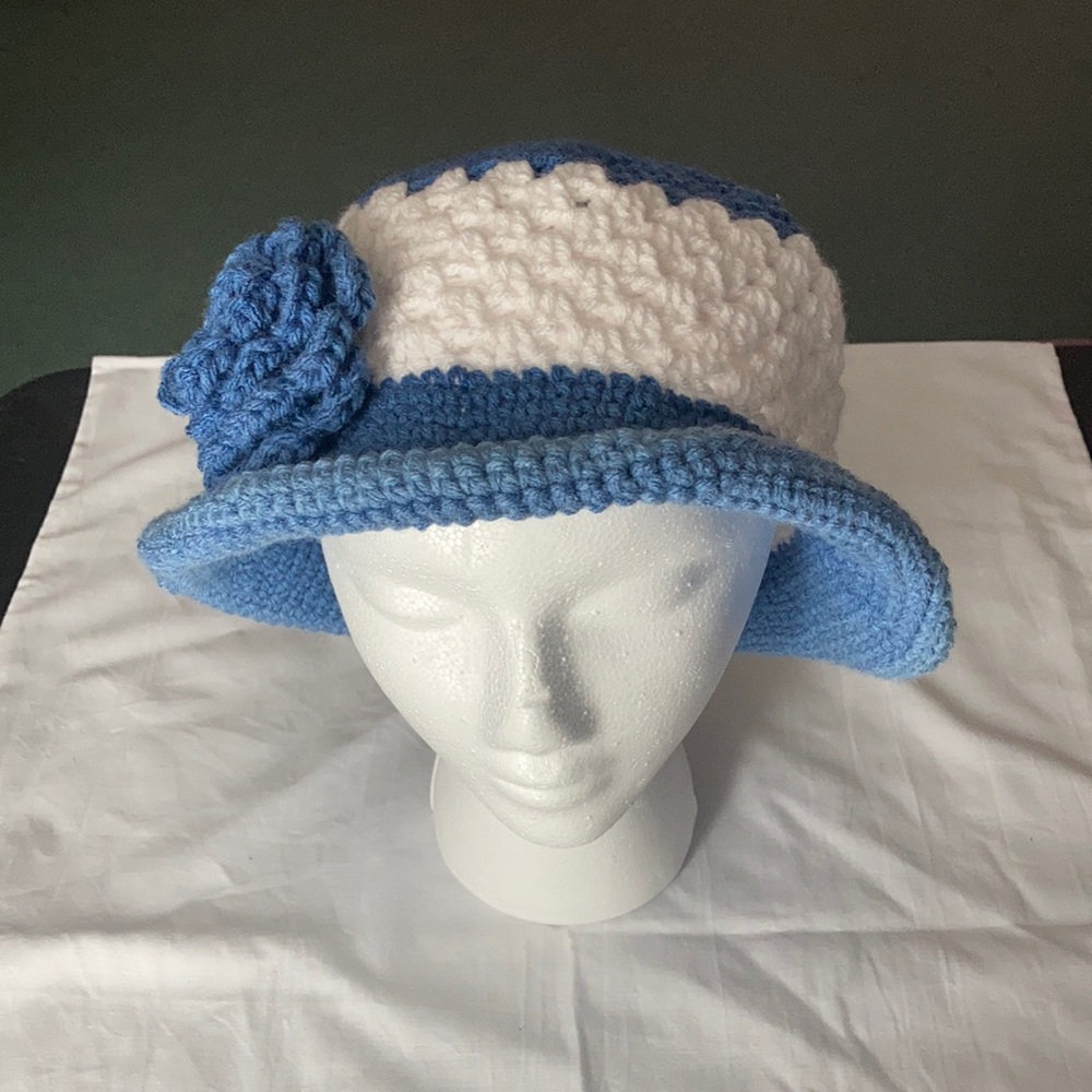 Hand crochet hat color blue gray and white